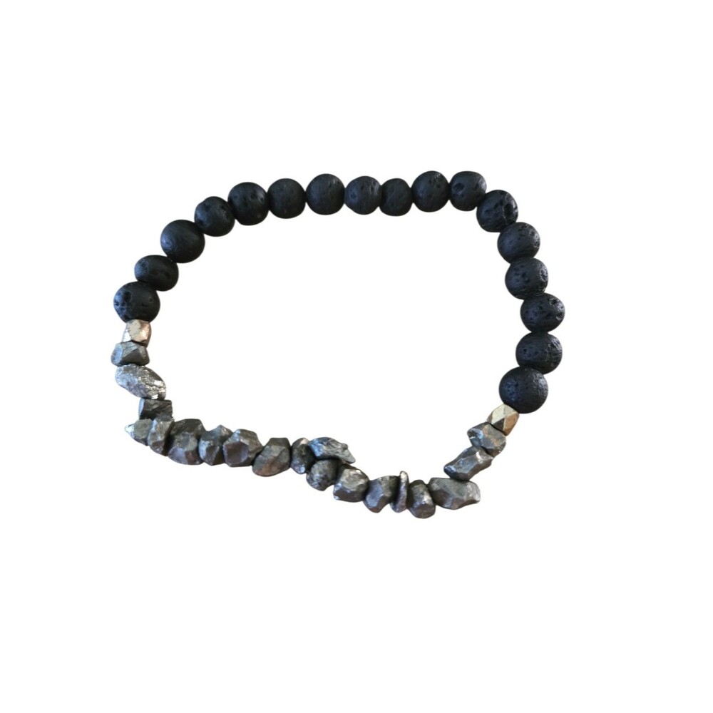 Bracelet Black Lava Stone Silver Hematite Beaded Stretch Jewelry